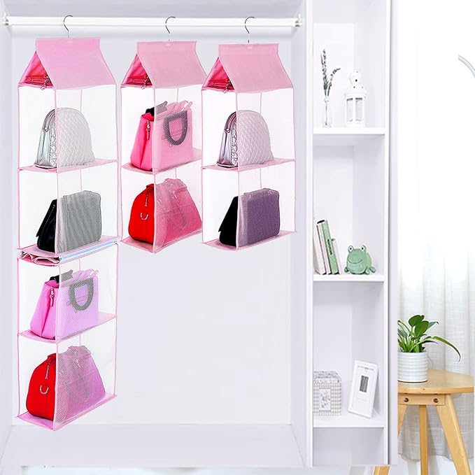 KEEPJOY Closet Purse Organizer, Hanging Handbag Organizer with 4 Heavy-Duty Mesh Shelves Closet Purse Storage Bag (Pink)