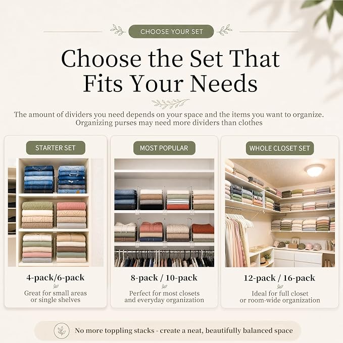 SortNStore Shelf Dividers Purse Organizer for Closet: 16-Pack Acrylic Bag Storage Organizer for Handbags, Clutches, Clothes, Sweater, Towel on Wood Shelves
