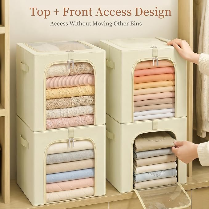 GoMaihe Clothes Storage Bins with Metal Frame, 55L Blanket Storage Boxes for Above Shelf Closet, 6 Pack Stackable Clothing Storage Organizer with Clear Window for Bedding Sweaters Comforters – Beige