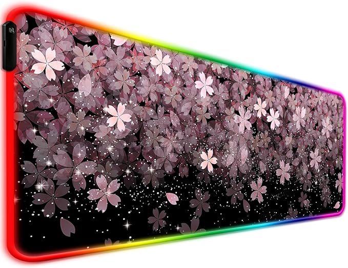 RGB Japanese Cherry Blossom Gaming Desk Mat, Computer Keyboard Large Extended Flowers LED Mouse Pad for Office and Home, 31.5×11.8 Inches, XL, Black