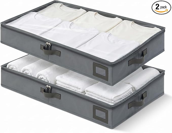 4" Low Profile Under Bed Storage Bins (2-Pack, Grey), Slim 600D Oxford Fabric Clothes Organizer Box with Reinforced Leather Handles, Sturdy Clear Lid