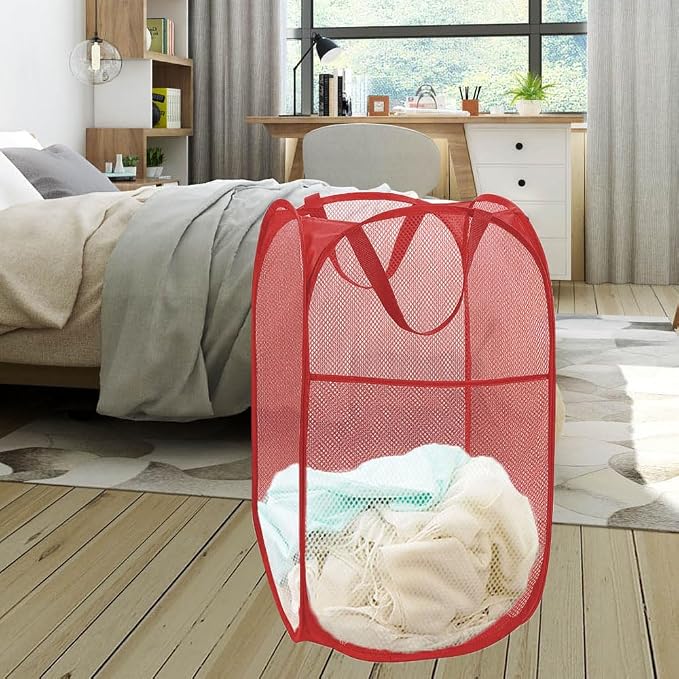 Pop up Hamper for Laundry, Collapsible Mesh Laundry Basket, Portable Foldable Clothes Hamper Storage Bin for Apartment, College Dorm or Travel, Red
