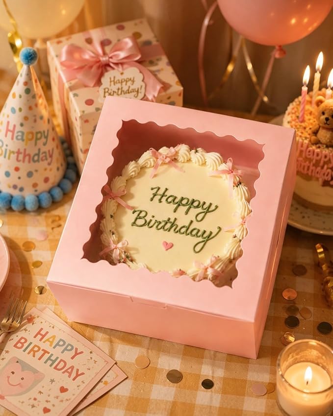 qiqee 10"x10"x5" Cake Box, 36 Sets Pink Cake Box with Window ＆ 36 Sets 10" Pink Cake Round Boards, for Cake, Treat Cookie Dessert, Pastry, Birthday Party, Weddings