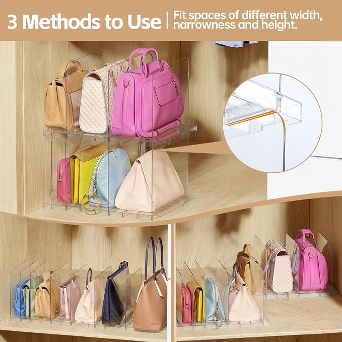 PAVSTINE Purse Organizer for Closet, Stackable Handbag Storage Shelf, Adjustable Clear Shelf Dividers, Keep Clutch, Bag, Pocketbook Upright, for Bedroom