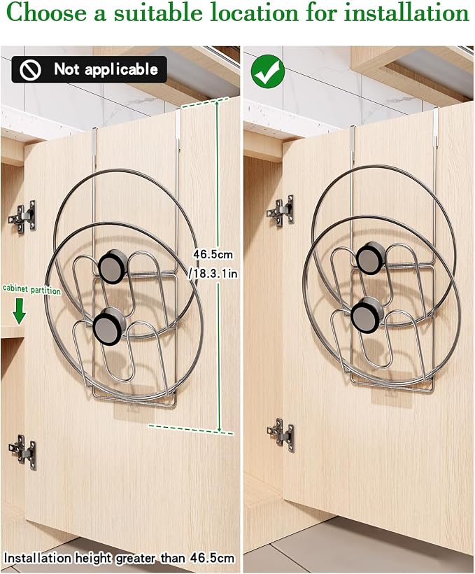 Over Cabinet Door Pot Lid Organizer, 2-Tier Stainless Steel Pan Cover Rack, Kitchen Storage Holder