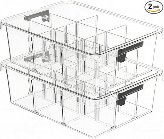 Socks Bra Underwear Drawer Organizer for Closet, 2 PCS Plastic Storage Box with 9 Removable Compartments and Lid, Clear Dresser Drawer Organizer Storage Container with Dividers for Sock Ties Belts