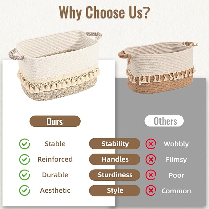 2 Pack Storage Basket for Shelves, Boho Cotton Rope Storage Bins with Heavy Tassel, Shelf Baskets Large Woven Baskets for Organizing, Cube Organizer Bins, Baby Laundry Basket for Clothes, Toys, Pets