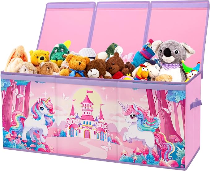 Large Toy Box Chest Organizer with Flip Lid for Kids, Collapsible Oxford Toy Storage Box with Handles for Boys Girls, Sturdy Waterproof Storage Organizer for Bedroom Playroom Nursery, 37.7×12.5×15.7''