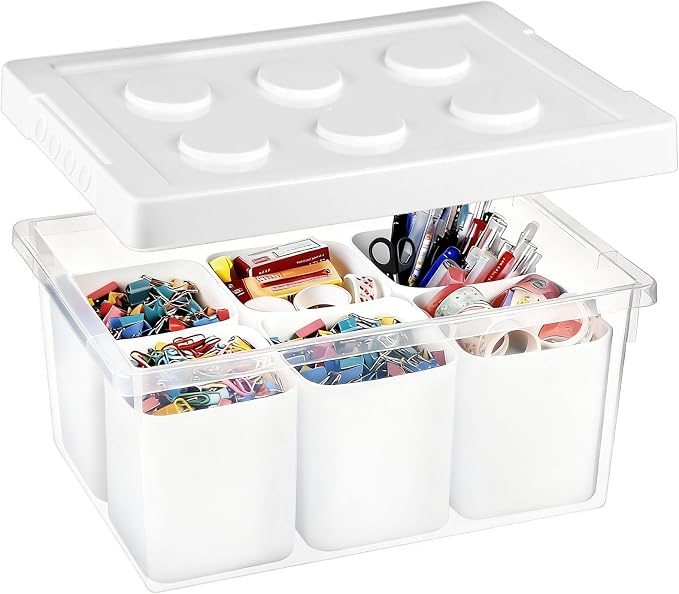Plastic Storage Bins with Lids, Art Craft Supply Organizer Box with Brush Pot, Multipurpose Stackable Storage Containers for Organizing Tool, Craft, Crayon,Sewing(White)