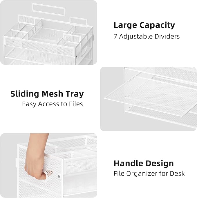Marbrasse 5 Tier Paper Organizer Letter Tray, Mesh Desk File Organizer with Handle, Paper Sorter Desk Organizer for Home Office Supplies - White, Adjustable