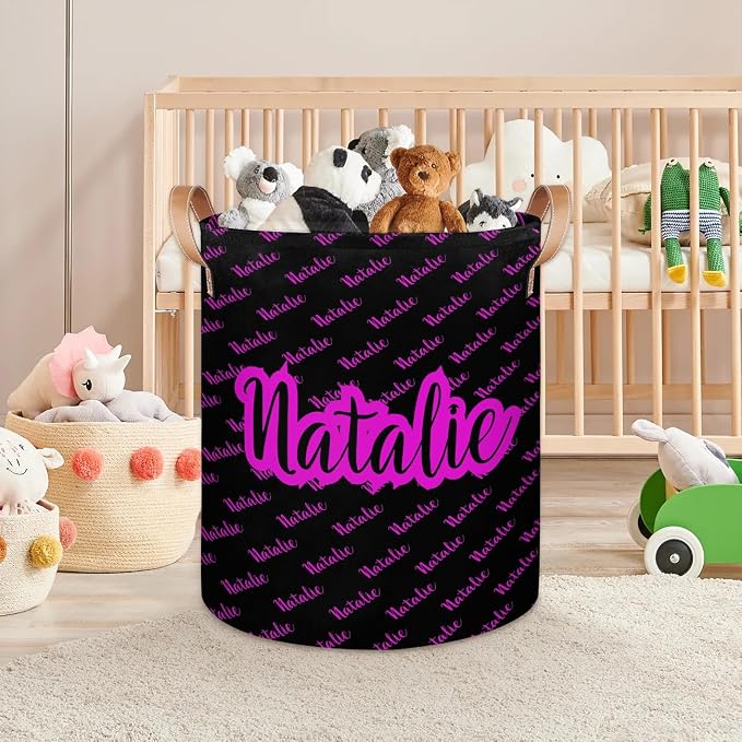 Personalized Laundry Basket, Custom Gift Laundry Hamper, Collapsible Nursery Waterproof Laundry Baskets, Dirty Clothes Toy Hamper with Handles Name Text Black Purple