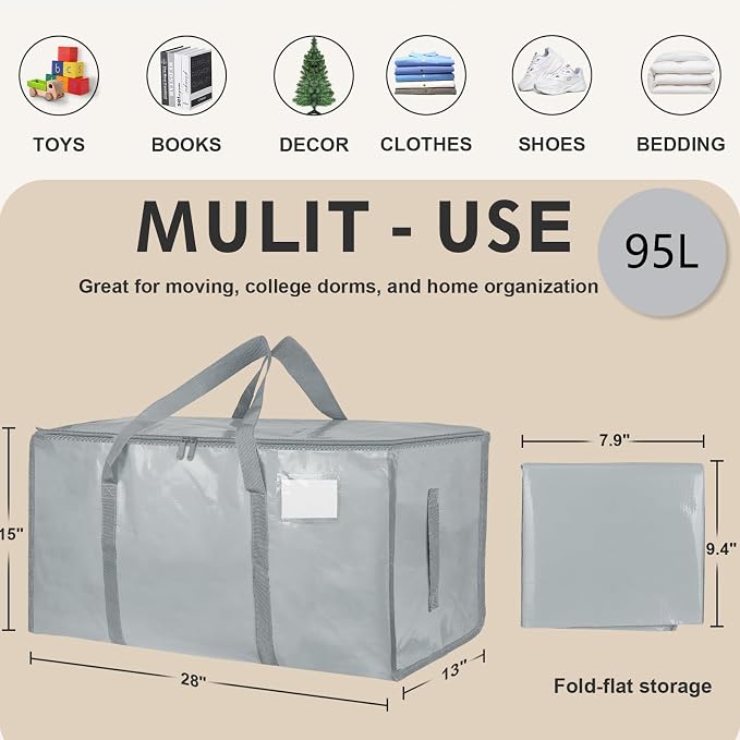 8 Pack-Extra Large Heavy Duty Moving Bags - Waterproof Storage Totes with Handles & Zippers, Foldable for College Dorm, Storage (light gray)