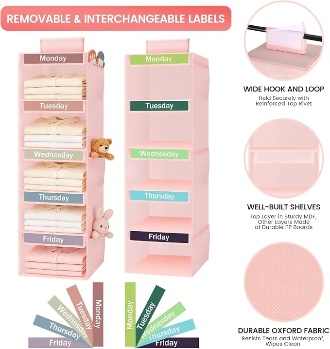 Weekly Clothes Organizer for Kids, 5-Shelf Kid Hanging Closet Organizer w/ 6 Side Pockets, Labeled Weekly Outfit Organizer for Kids, Days of The Week Clothes Organizer Monday Through Friday Pink