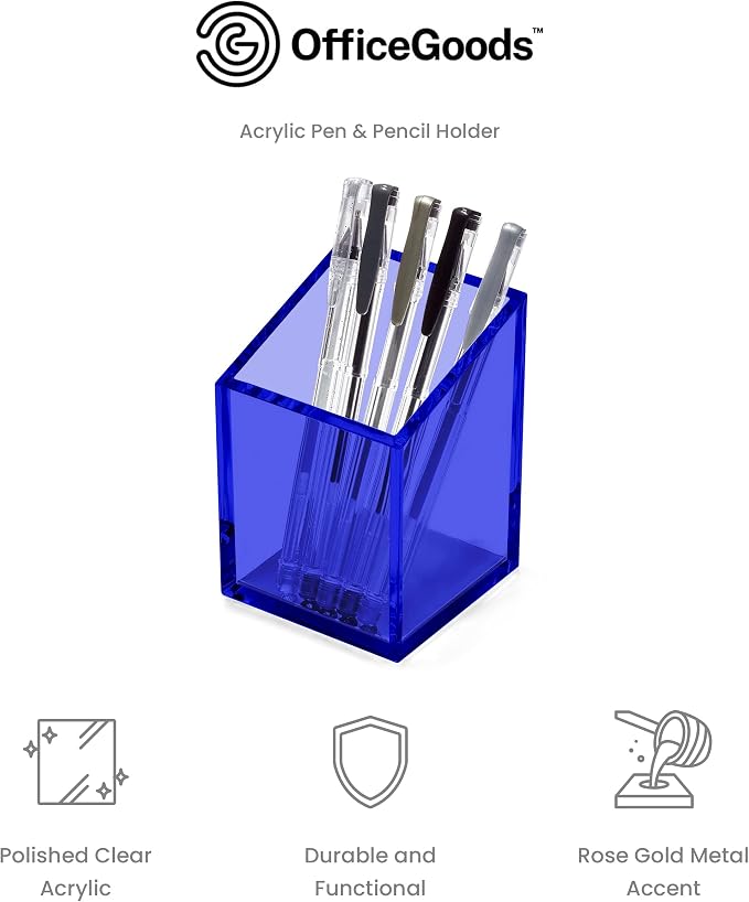 OfficeGoods Acrylic Pen & Pencil Holder - Modern Trapezoid Design - Beautiful Desk Organizer for Home or Office - Contrasting Metal Base - 3" Square w/ 3.5" Front & 4.5" Back - Blue