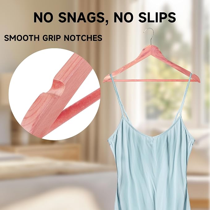 Quality Wooden Clothes Hangers, Solid Wood Suit & Coat Hangers with Pants Bars, Swivel Hook, Shoulder Notches, Heavy Duty Hangers for Shirts, Jackets, Dresses & Trousers(Cedar Wood/12-Pack)