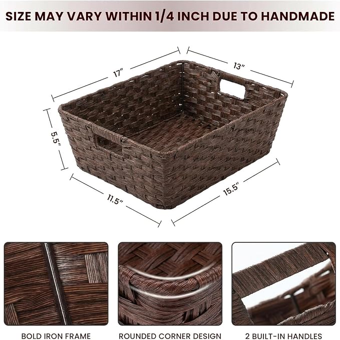 Large 2-Pack Plastic Wicker Storage Baskets, 17"x13"x5.5", Brown | Versatile woven bins for laundry, closet, living room, shelf organization, and even a cat bed – perfect home storage decor.
