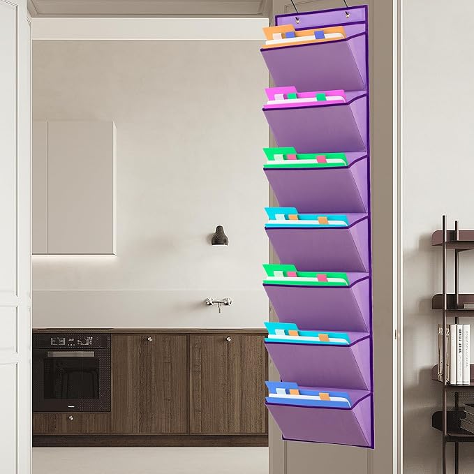 Wall Mounted File Holder Over Door Hanging Mail Organizer Document Storage Bag for Papers Magazines and Books (7 POCKETS-PURPLE)