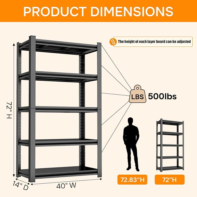 Tall Bookshelf, 5-Tier Metal Bookcase with Adjustable Shelves, Sturdy Industrial Book Shelf for Bedroom, Living Room & Office, 72" High
