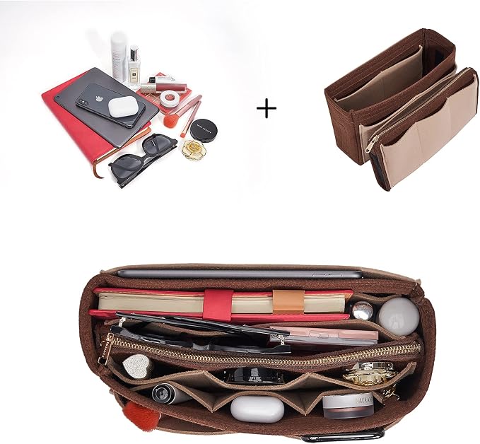 Vercord Felt Organizer Insert For Purse Handbag Tote Bag In Bag Inside Shaper Divider Neo Coffee & Beige Slender Medium