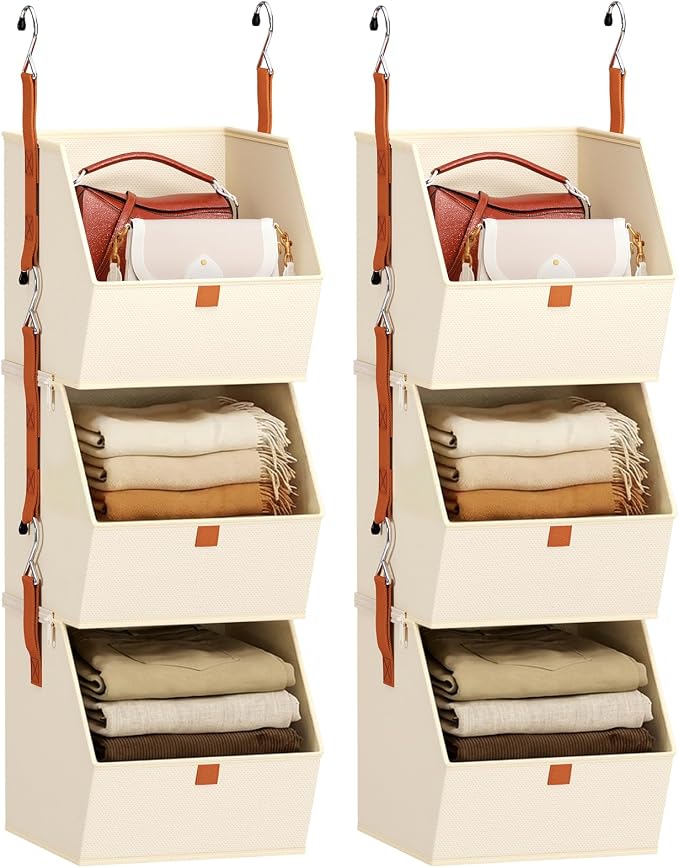 Homsorout Collapsible Hanging Closet Organizer - 6 Tier Closet Shelves Storage System with Hooks, Fabric Hanging Storage Bins for Clothes, Foldable Storage Basket for Laundry, Bedroom, Rv, Beige