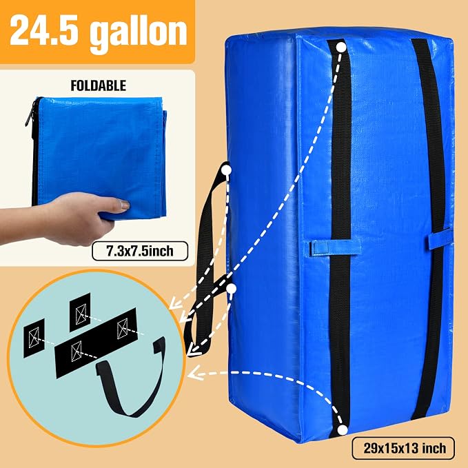 Heavy Duty Blue Moving Bags with Strong Zipper Handles Backpack Straps | 6 Pack Extra Large Storage Bags Totes Moving Boxes Packing Supplies for College Dorm Room Essentials Compatible with IKEA