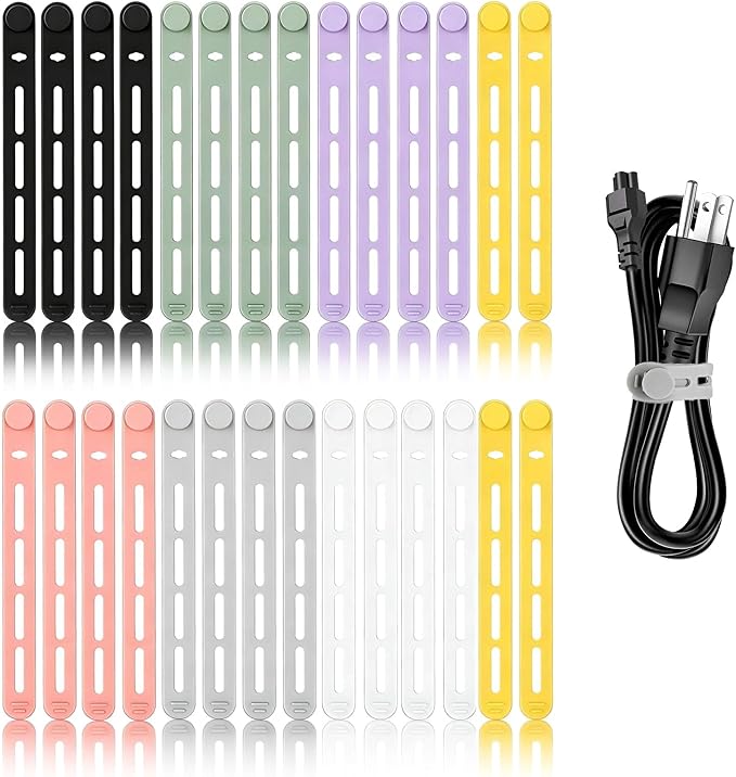 28Pcs Silicone Cable Ties Reusable, Multipurpose Cable Management Organizer, Adjustable Fastening Cable Straps with Locking Buckles, High Elasticity Cord Organizer, Travel Essentials (5.2in, 7Colors)