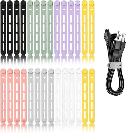 28Pcs Silicone Cable Ties Reusable, Multipurpose Cable Management Organizer, Adjustable Fastening Cable Straps with Locking Buckles, High Elasticity Cord Organizer, Travel Essentials (5.2in, 7Colors)