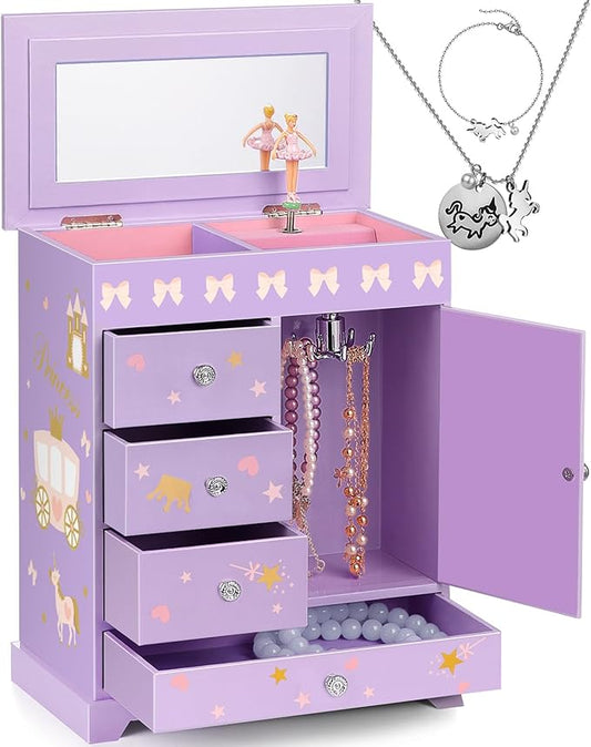 Large Jewelry Box for Girls 5-Layer Music Box with Swing Door Spinning Ballerina Unicorn Necklace & Bracelet Set Children Jewelry Organizer for Girls Kids Birthday Christmas Gift Purple