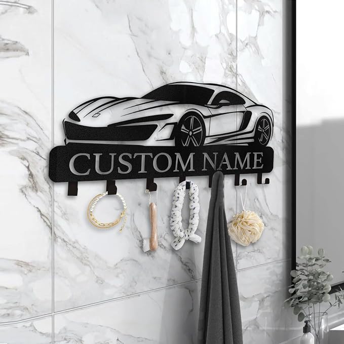 Dyoart Personalized Key Holder Wall Mount - Custom Key Rack Wall Mount with Hooks, Metal Key Rack Organizer, Car Design Key Hanger, Coat Rack, Wall Mounted Decor for Entryway, Front Door, Office