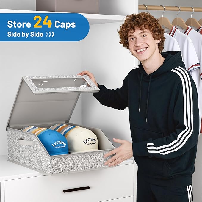 AOODA Sturdy Hat Storage for Baseball Caps, Holds up to 24 Caps Clear Hat Organizer for Closet, Bedroom, Wide Hat Box with Cardboard (Grey)