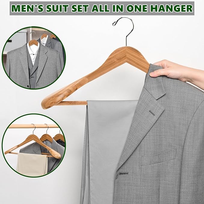 Amber Home 6 Pack Wide Shoulder Bamboo Wood Suit Hangers | Bamboo Wooden Coat Hangers with Non Slip Pants Bar, Clothes Hangers for Jackets, Sweaters, Pants & Heavy Clothes