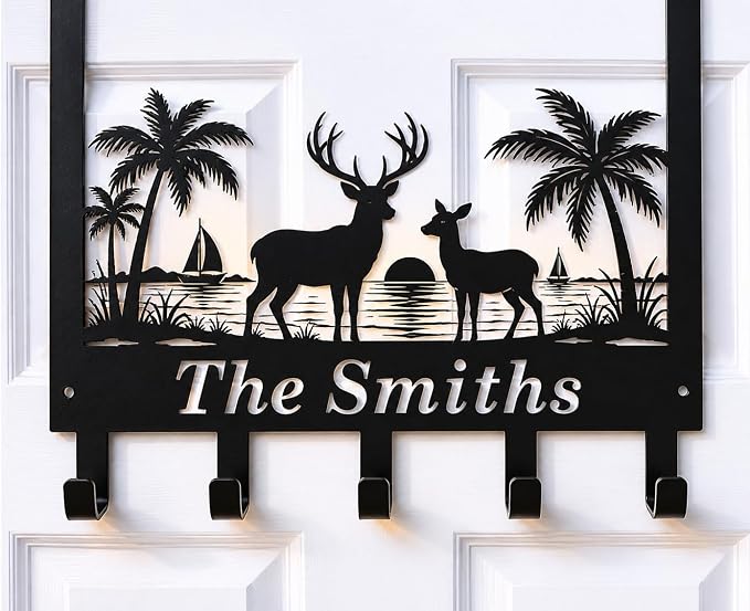Personalized Over The Door Key Holder with Hooks, Custom Family Name Metal Door Hanger, Beach Deer Wall Hook Rack for Entryway Bedroom Bathroom, Housewarming Gift for New Homeowners