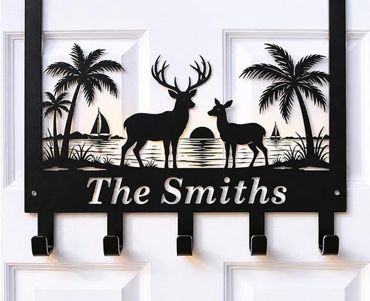 Personalized Over The Door Key Holder with Hooks, Custom Family Name Metal Door Hanger, Beach Deer Wall Hook Rack for Entryway Bedroom Bathroom, Housewarming Gift for New Homeowners