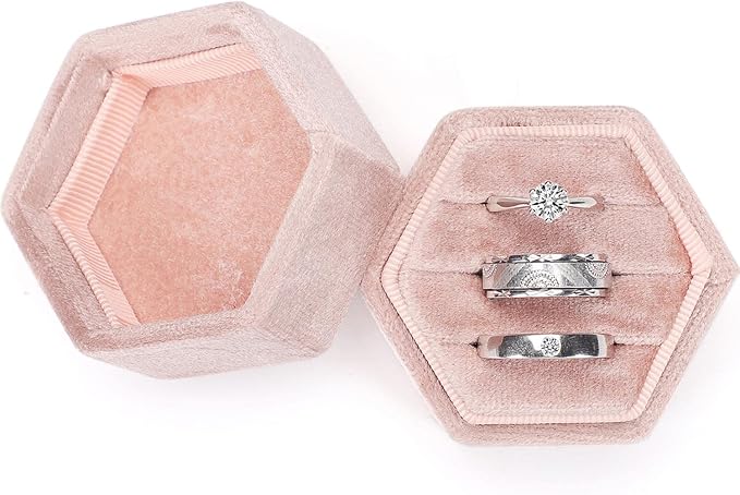 WantGor Velvet Jewelry Ring Box, 3 Slots Hexagon Ring Gift Box Ring Holder | Vintage Ring Display Case for Wedding Ceremony Proposal Engagement (Blush Peach, 3 Slots)