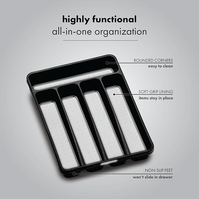 madesmart Small Silverware Tray, 5 Compartment Flatware Organizer for Forks, Knives & Spoons, Non Slip, Soft Grip Lining, Fits Small Drawers, Granite, Classic Mini (Pack of 6)