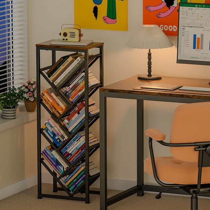 Cutogxon Tree Bookshelf - 9 Tier Visual Metal Floor Standing Book Shelf with Wooden Top for Living Room Bedroom Black