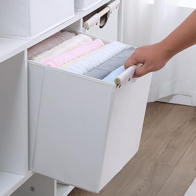 HOONEX Large Collapsible Storage Bins, Linen Fabric, Pack of 2, Storage Baskets with Wooden Carry Handles and Sturdy Heavy Cardboard, for Home, Office, Car, Nursery, White