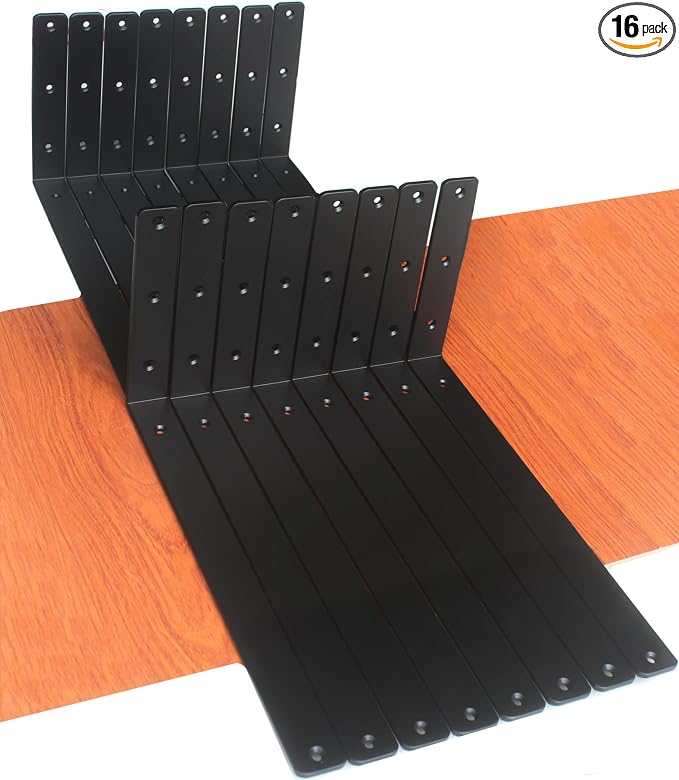 16 Pack - L 16" x H 8" x W1.5, 5mm Thick Black L Shelf Bracket, Iron Shelf Brackets, Metal Shelf Brackets, Floating Shelf, Shelf Supports with Screws