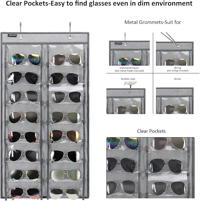 Over the Door Hanging Sunglasses Organizer Storage Sunglass Rack Holder Eyewear Display Case with 16 Clear Dust Proof Pockets (16 Pockets-Grey)