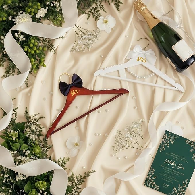Beeveer 2 Pcs Bride Hanger for Wedding Dress Bride and Groom Wooden Wedding Dress Hanger Set with Bow Tie for Tuxedo Suit Gift Bridal Party Shower