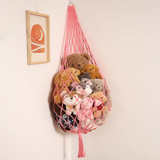 Amdermi Novel Stuffed Animal Hammock Corner Hanging Net for Stuff Aniaml Storage Macrame Toy Display Plush Toy Holder-Perfect for The Tiny Space Walls (pink, XXL)