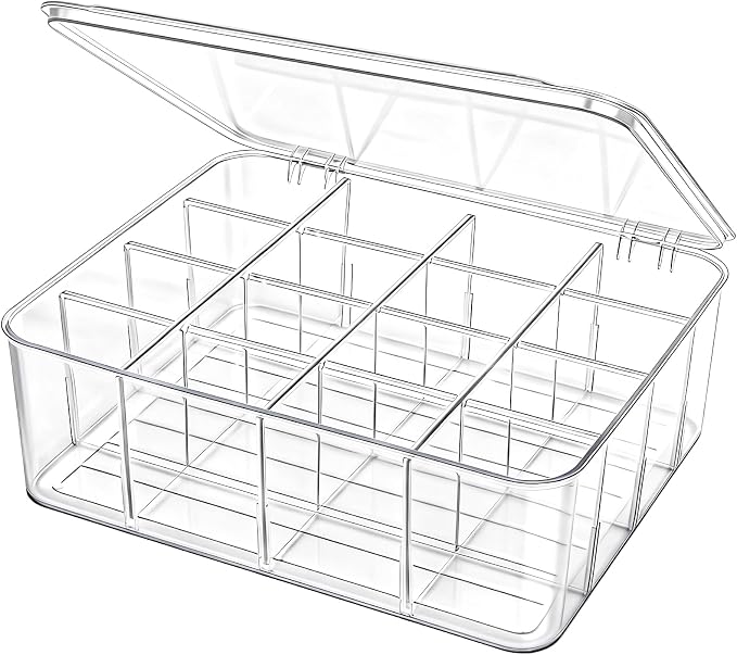 Adjustable Sock Underwear Drawer Organizer Dividers, 16 Grid Clear Tea Bag Holder with Lid, Removable Divided Tie Organizer Box, Plastic Storage Bin for Scarves Bras