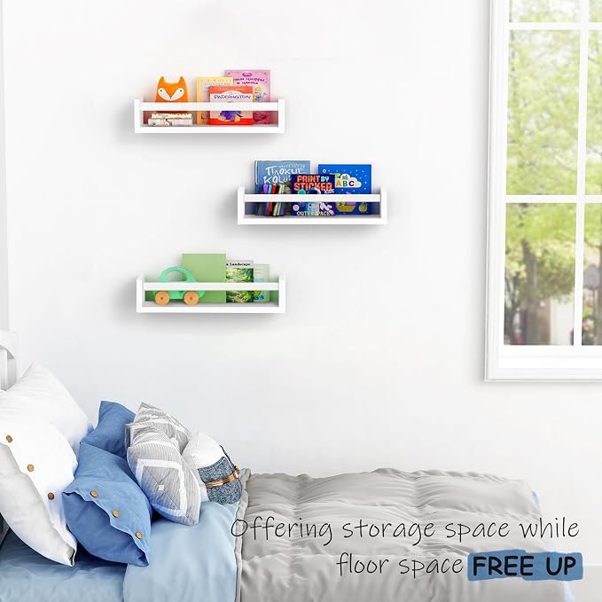 Harwaya White Nursery Floating Book Shelves for Wall Set of 3, Kids Wall Shelves for Baby Room Bedroom, Modern Hanging Bookshelf for Baby Toddler Children Girls Boys Decor and Toys Books Storage