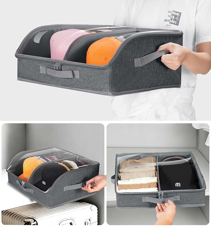 Hat Organizer for Baseball Caps, 2 Compartments Clear Window Hat Storage Box for Closet Hold Up to 24 Caps, Hats Holder Container with Sturdy Cardboard for Home Storage | Dark Gray
