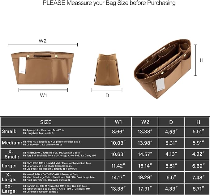 ZTUJO Purse Organizer Insert For Handbags, Silky Bag Organizer With 2 Zippers For Speedy Neverful Tote and More (Brown, X-Small)
