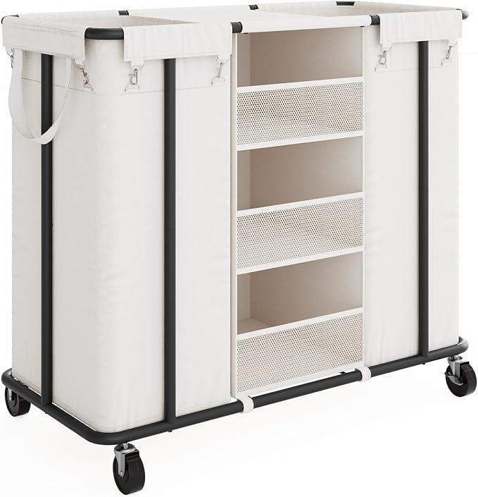 WOWLIVE Laundry Sorter 2 Section, 200L Rolling Laundry Hamper with Wheels | Laundry Cart with Steel Frame, Laundry Basket with Hanging and Removable Bag, Storage Unit Basket Organizer for Dorm, Beige