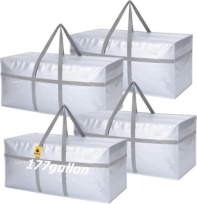 Windyun 4 Pack 177 Gallon Extra Large Moving Bags XXL Heavy Duty Storage Bag with Strong Zipper Handle Jumbo Big Tote Box Foldable for College Dorm Travel Clothes Duffle Blanket Pillow(Silver)