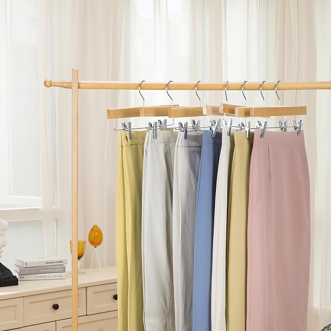 Nature Smile Deluxe Wooden Pants Hangers,Solid Lotus Wood Jeans Skirt Hanger with Clips Anti-Rust Hook Pack of 28（Natural）