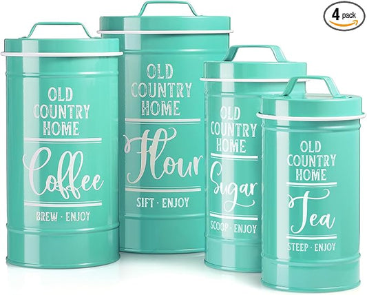 DAYYET Teal Canisters for Kitchen Counter, Airtight Kitchen Canisters for Countertop, Flour and Sugar Containers, Tea Coffee Sugar Canister Set, Turquoise Kitchen Decor and Accessories, Set of 4