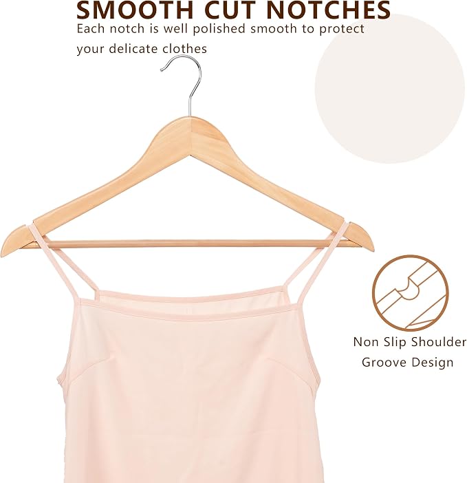 Wooden Hangers 30 Pack, Non-Slip Wood Hanger with 360°Swivel Hook & Notches, Durable & Slim Coat Hangers for Shirt, Suit, Jacket, Dress, Natural-HL01N3